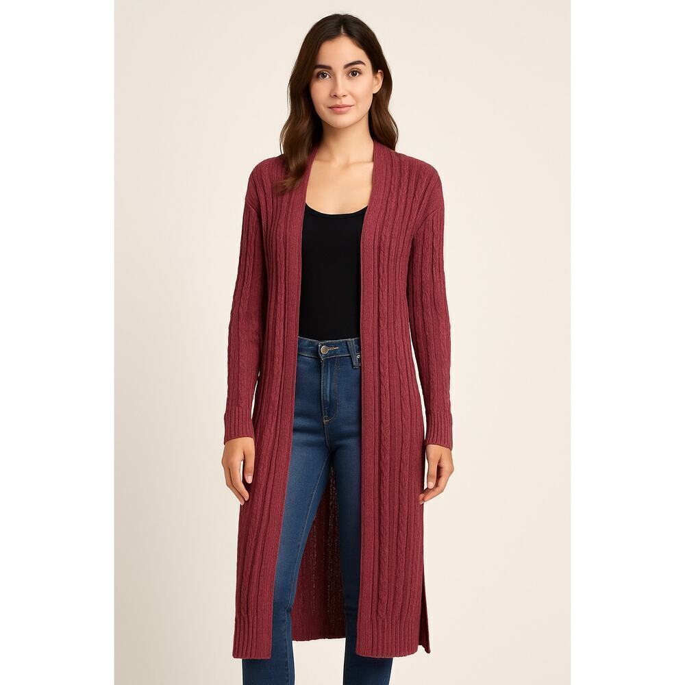 POL Maroon Cable Knit Open Front Duster Cardigan Sweater Size L